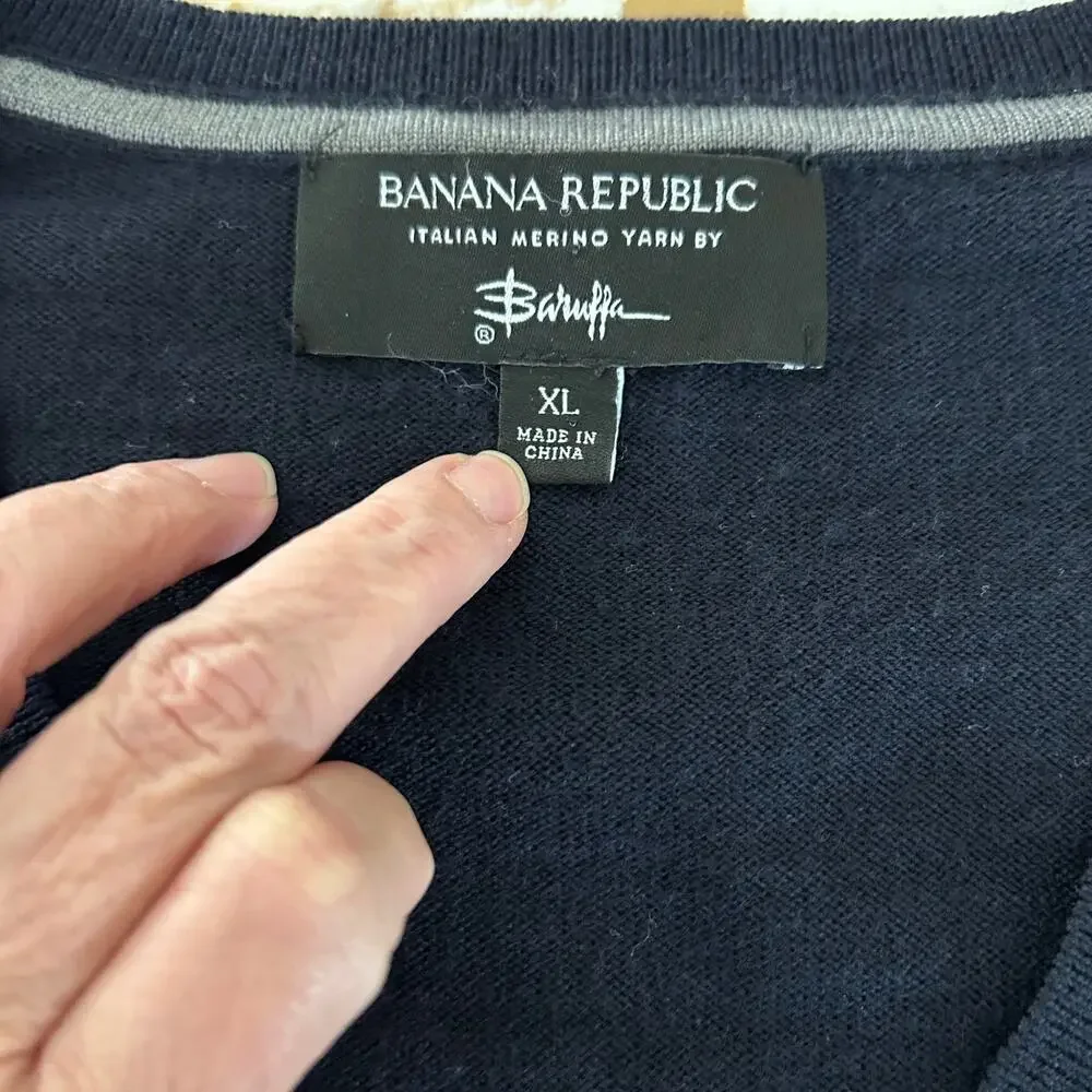Banana Republic Italian Merino Wool Sweater Mens XL Navy V Neck Knit Pullover